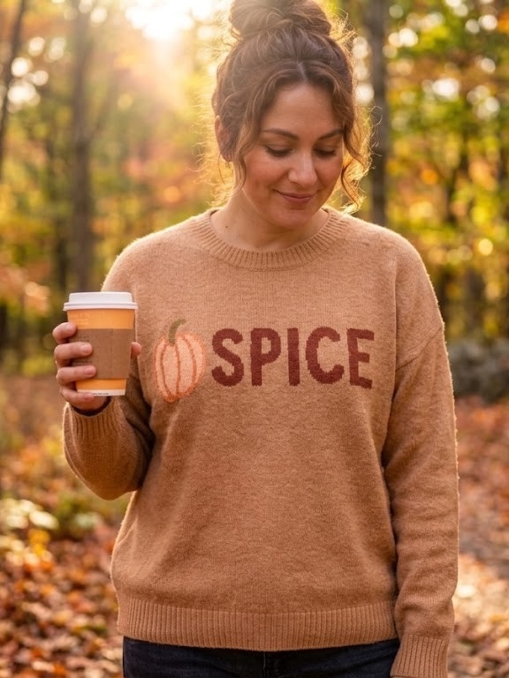 LOFT Camel 'SPICE' Pumpkin Graphic Crewneck Sweater